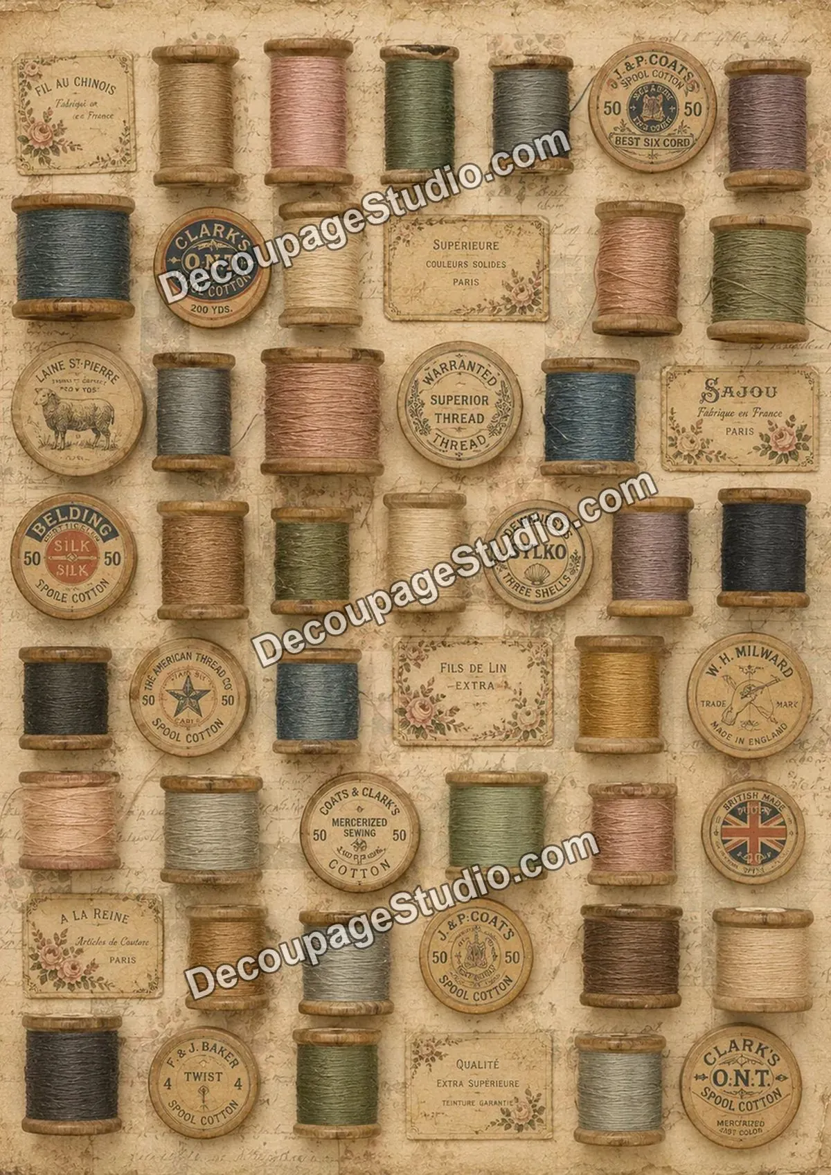 Antique wooden thread spools with faded sewing labels and haberdashery details