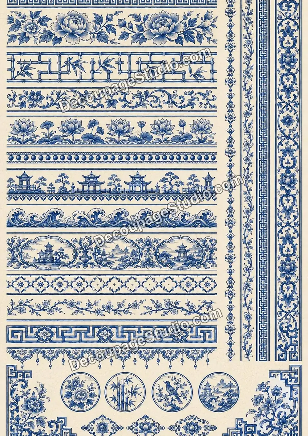 Blue chinoiserie border designs with peonies, bamboo, lotus flowers, pagodas, waves, birds, and geometric motifs