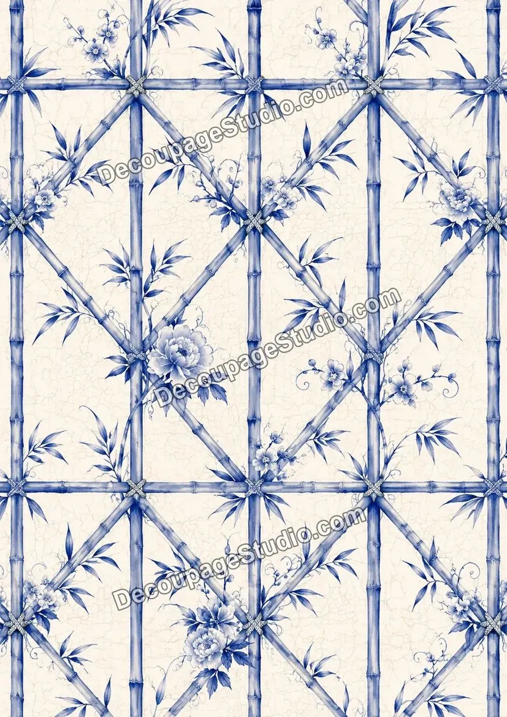 Blue bamboo lattice with peonies, flowering branches, and leaves on crackled cream paper