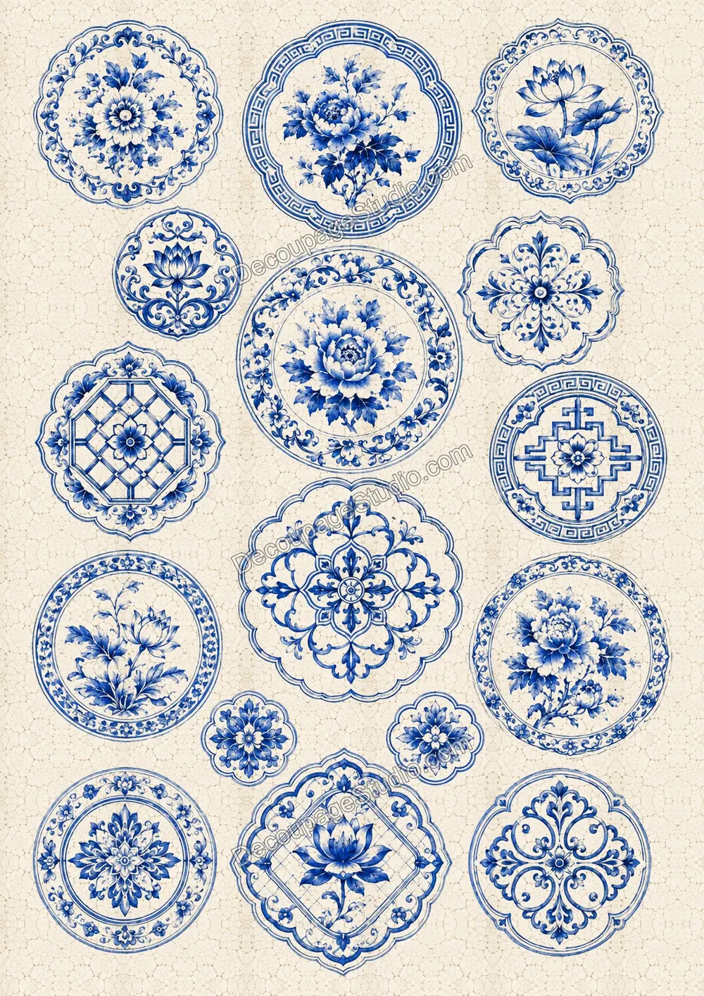 Ornate blue-and-white porcelain medallions with peonies, lotus flowers, geometric borders, and floral motifs