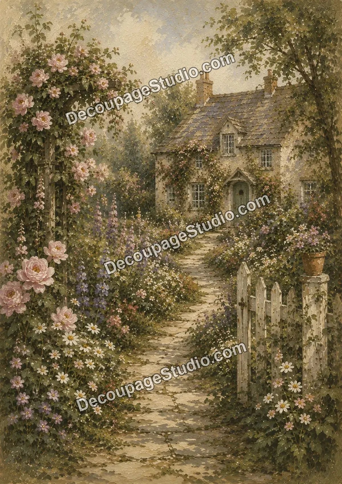 Romantic pastel cottage garden with roses, foxgloves, and a winding stone path