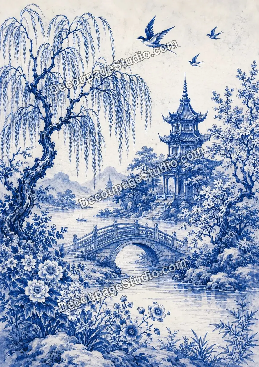 Blue-and-white garden landscape with a willow tree, arched bridge, pagoda pavilion, flowering trees, mountains, and swallows