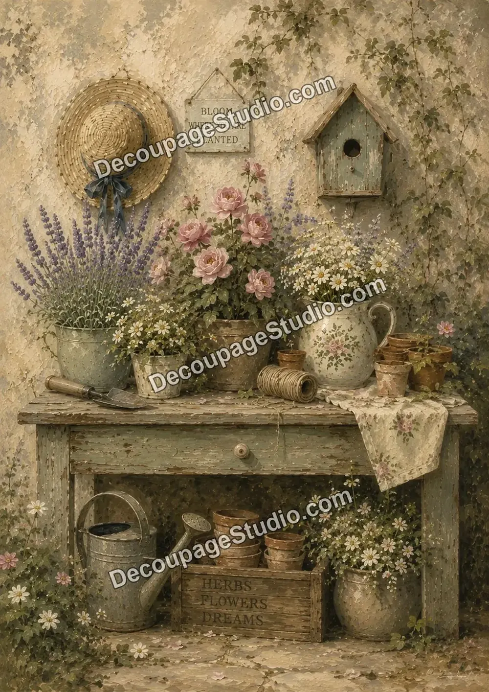 Shabby chic potting bench with lavender, pink roses, daisies, terracotta pots, watering cans, and a birdhouse
