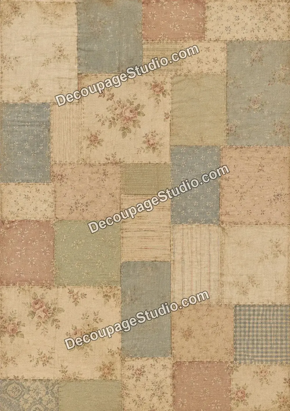 Faded vintage patchwork quilt with cottage roses, ticking stripes, checks, and pastel fabric squares