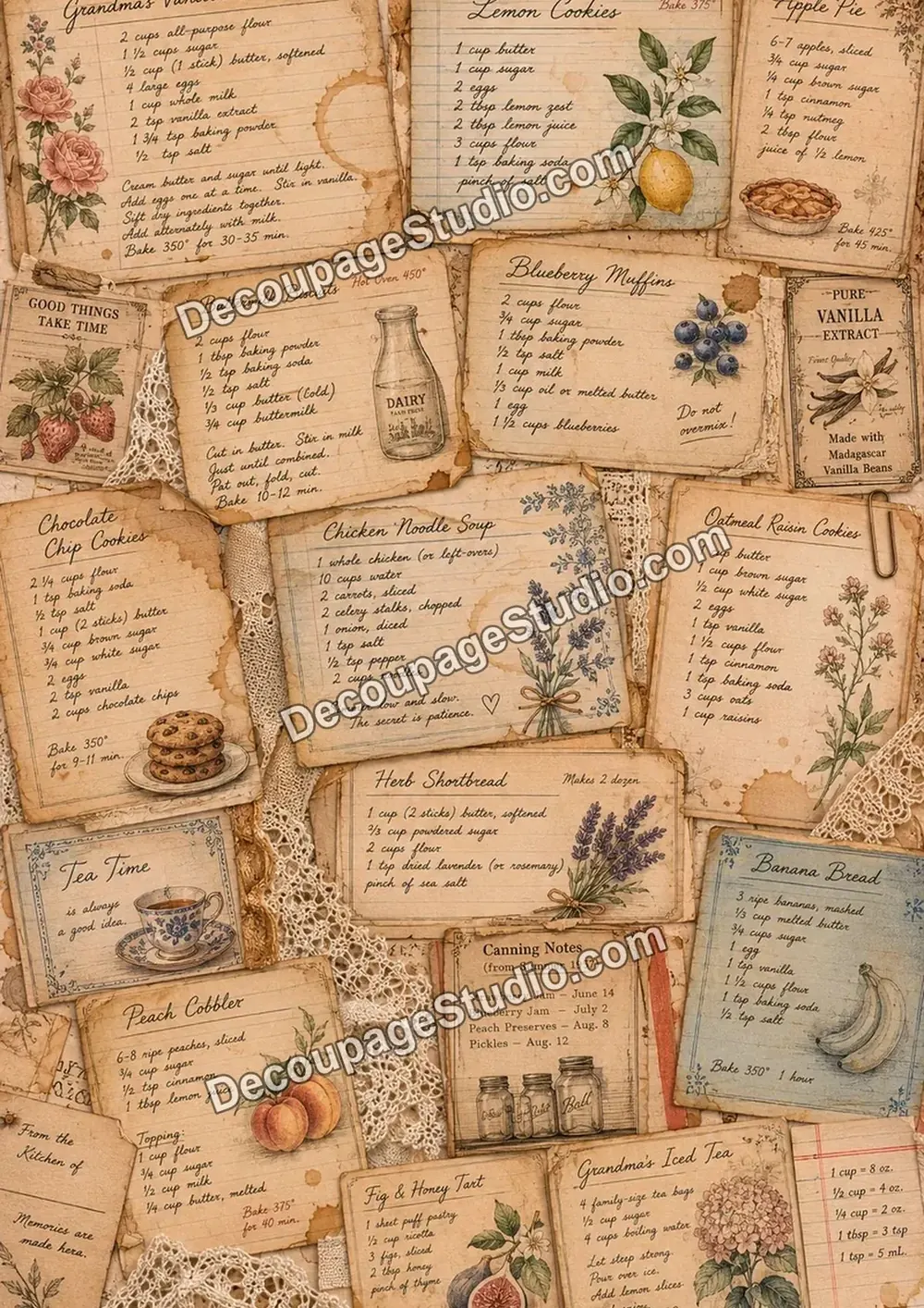 Handwritten vintage recipe cards with cakes, cookies, fruit, flowers, lace, and kitchen keepsakes