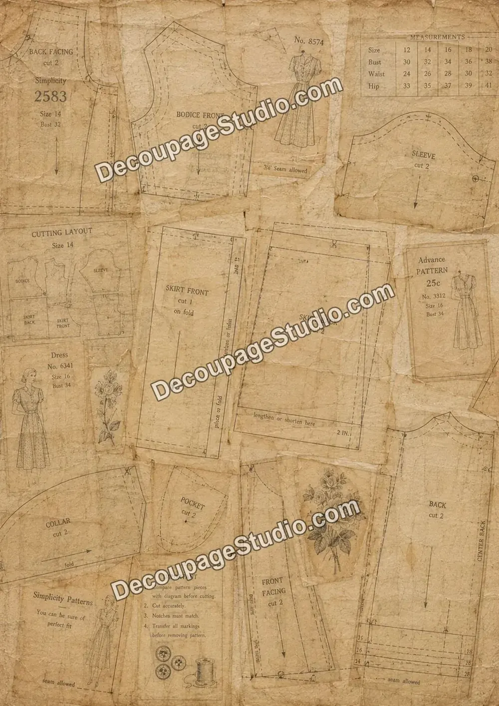 Aged dressmaking pattern pieces, measurements, and vintage fashion illustrations on tissue paper