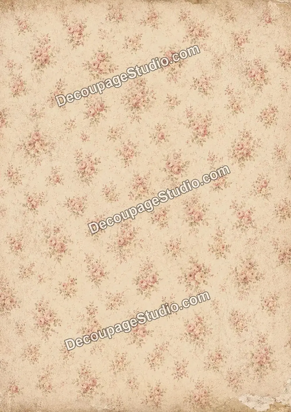 Faded pink cottage rose bouquets on distressed cream wallpaper