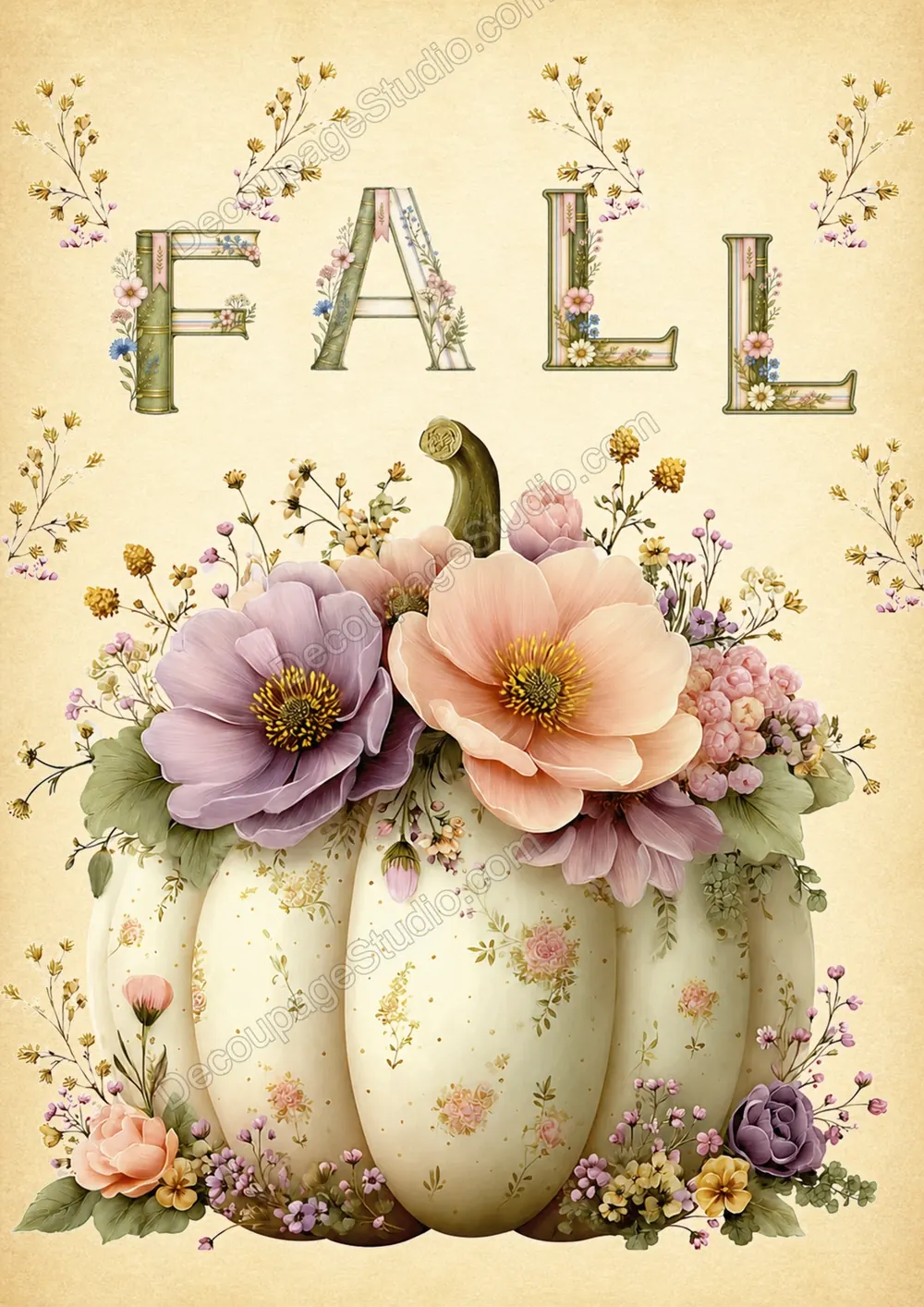 Ivory pumpkin decorated with blush and lavender flowers beneath an arched FALL greeting on a vintage parchment background
