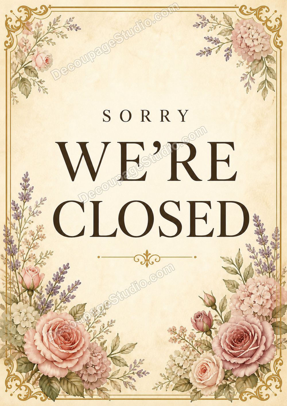 Vintage floral Sorry We&rsquo;re Closed sign with blush roses, lavender, and an antique gold border
