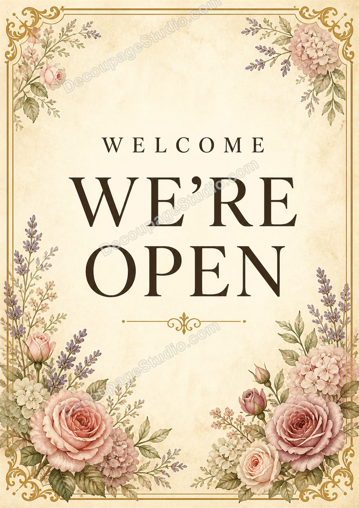 Vintage floral Welcome We’re Open sign with blush roses, lavender, and an antique gold border