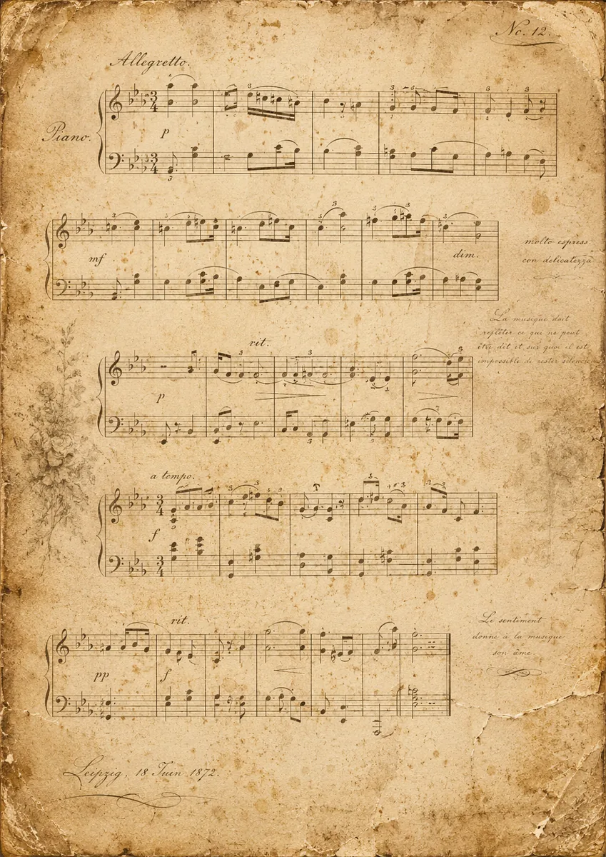 Distressed antique piano sheet music on aged sepia paper