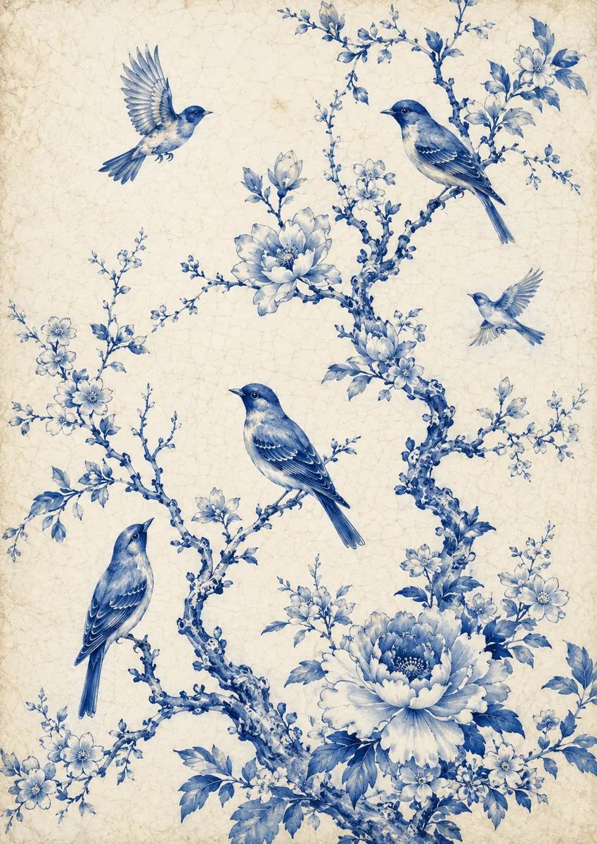 Blue-and-white chinoiserie birds, peonies, and flowering branches
