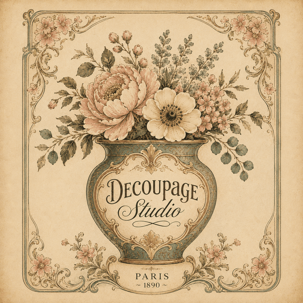 Decoupage Studio Paris 1890 logo with vintage flowers, an ornate vase, and a decorative floral border