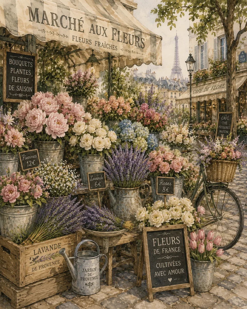 Paris flower market filled with roses, lavender, and vintage shop signs