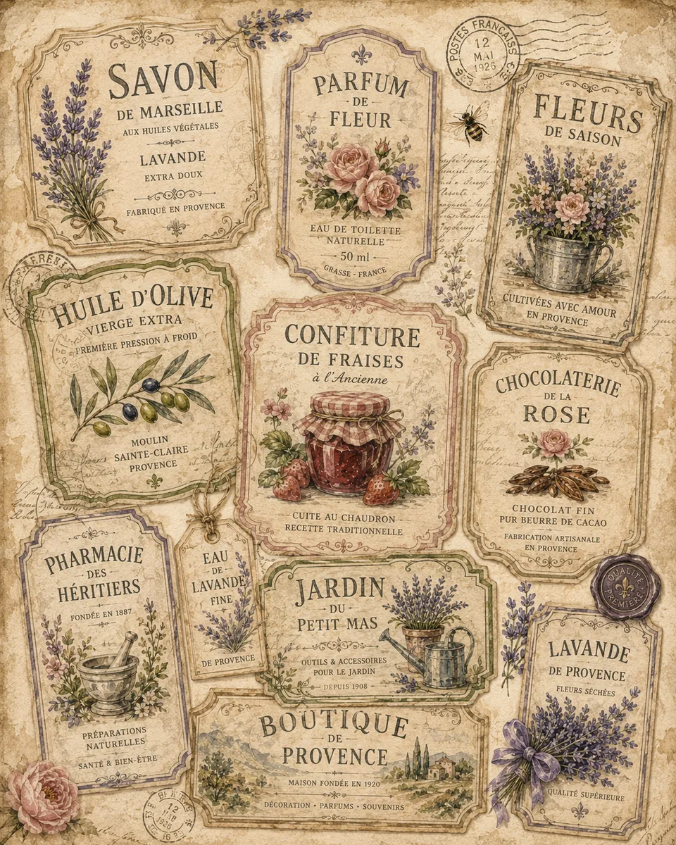 Collage of aged botanical labels from Provence